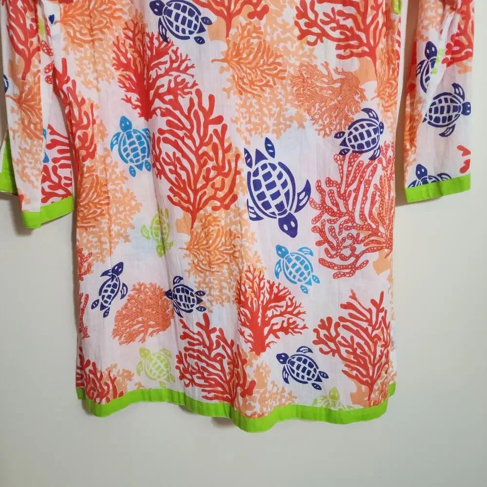 Peppermint bay colorful sea turtle coral print 3/4 sleeve swim coverup woman's S